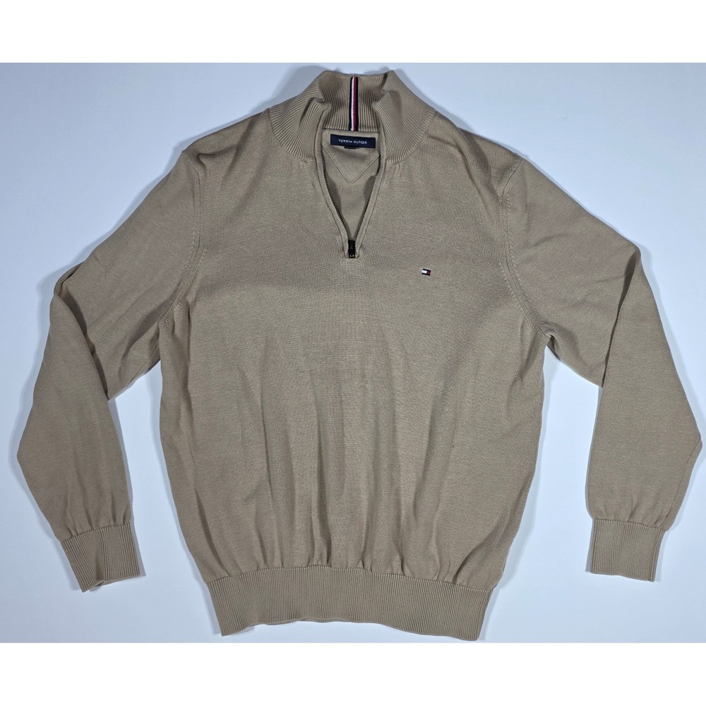 Tommy Hilfiger Men's XXL Tan Khaki 100% Cotton Quarter Zip Sweater